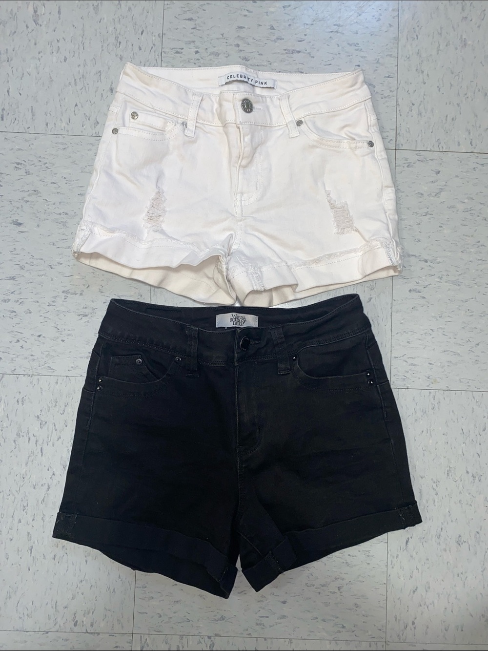 Celebrity Pink White Distressed Black Denim Shorts ymi jeans size 1 women 1/25